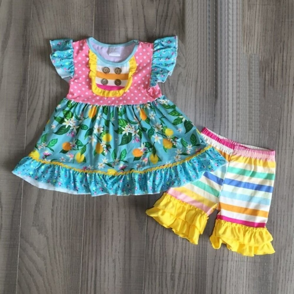 NEW Boutique Lemon Citrus Tunic Dress & Ruffle Shorts Girls Outfit Set